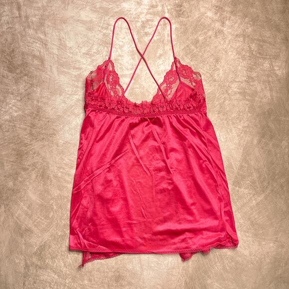 Floral Lace Babydoll Open Front Lingerie Cami Top Sheer Tie Closure Pink Red - Picture 2 of 5